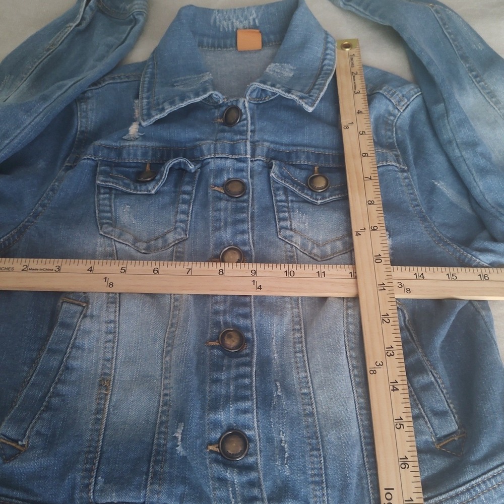 Joujou Distressed Denim Jacket Womens Small‎ Blue Excellent Faded Button Up